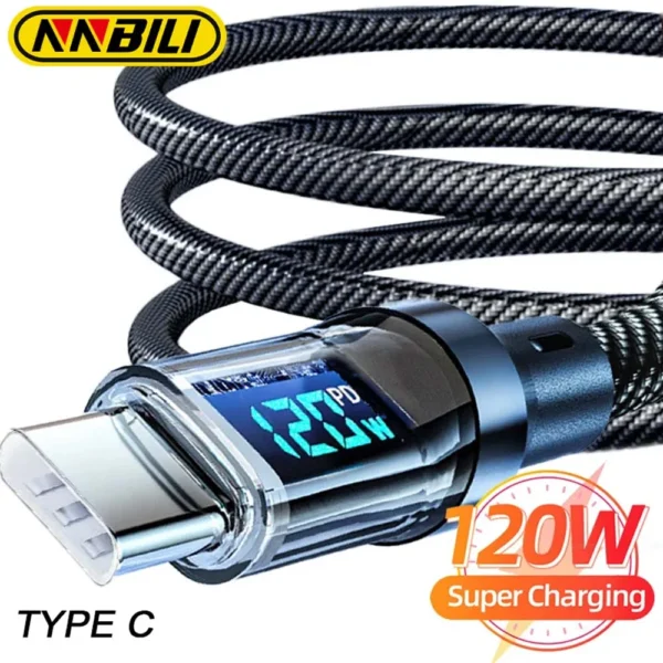 Nnbili 120w tipo c para tipo c cabo de telefone cabo de carregamento super rápido com display led usb