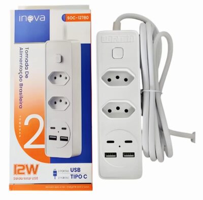 Tomada Extensão 2 Metros 2 Tomadas + 2 Tipo C + 2 USB Inova SOC-12780 - Imagem 2