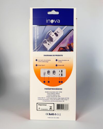 Tomada Extensão 2 Metros 2 Tomadas + 2 Tipo C + 2 USB Inova SOC-12780 - Imagem 5