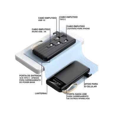 Carregador Portátil 4 Saídas Visor e Lanterna 10000mAh A'Gold BTE-18A - Imagem 8