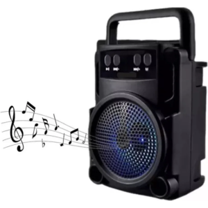 Caixa de som portátil Bluetooth com LED, USB, rádio FM e entrada para cartão SD.