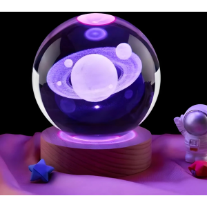 Luminária Cristal De Mesa Bola de Cristal Planeta Terra, Lua, Galáxia e Sistema Solar LED Base De Madeira Decoração